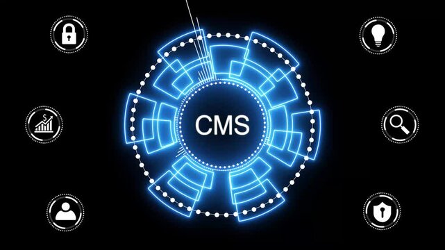 Digital abstract HUD interface with the acronym CMS in the center on a dark blue management system.