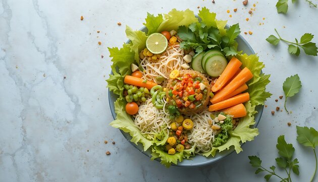 Fresh and healthy Spring Roll Bowl concept with an emphasis on plant-based ingredients: colorful carrots and cucumbers, various rice vermicelli, unique chili-lime vinaigrette, and wholesome crisp lett