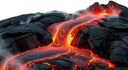 Fototapeta premium Molten lava flowing down the dark rocky slopes of an active volcano during a geologic eruption