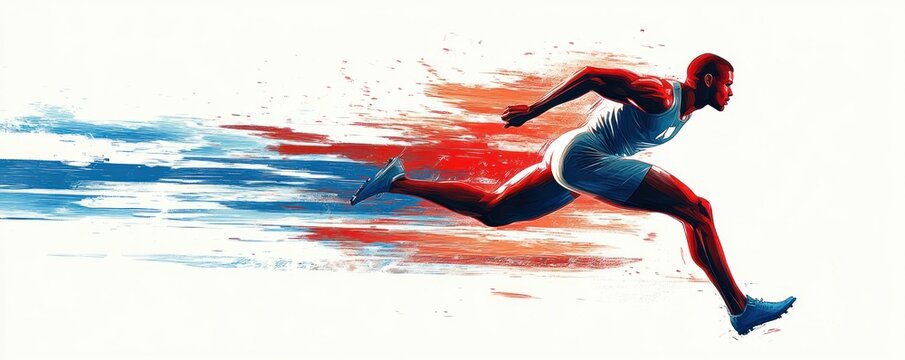 Stylized sprinter in athletic shorts and tank top dashing forward across white background with red and blue motion streaks, conveying speed and determination