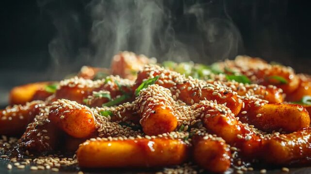 Steaming Spicy Korean Rice Cakes A Delicious and Flavorful Traditional Asian Dish with Sesame Garnish