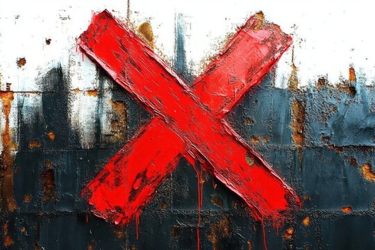 Thick red X painted with dripping strokes on a rusted metal wall with peeling black and white paint, gritty and defiant