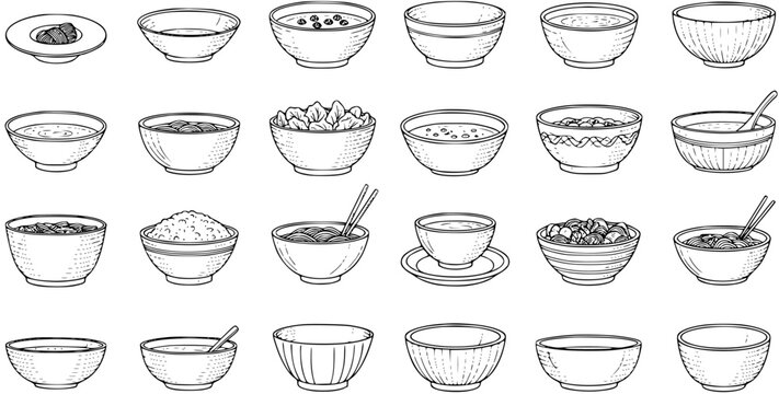 Hand-Drawn Sketch Bowls Collection with Food and Empty Dishes, Vintage Monochrome Outline Illustration Set