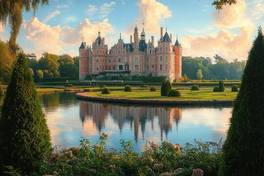 majestic pink stone chateau with turrets reflected in a calm ornamental lake, surrounded by manicured formal gardens, topiary, flowering beds and a golden evening sky
