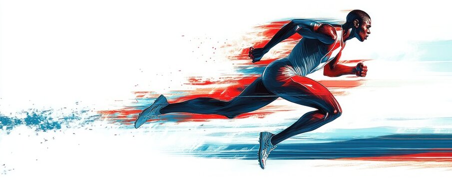 Powerful sprinter in mid-stride with red and blue paint-like speed streaks across a white background, conveying determination, focus and explosive motion