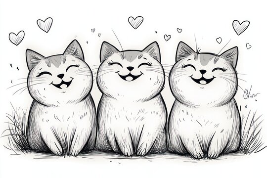 Three smiling chubby kittens sitting side by side with hearts, joyful affectionate black-and-white sketch