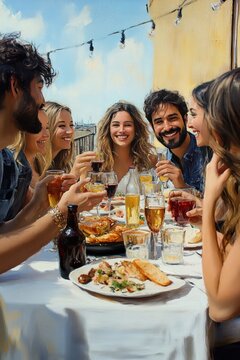 Group of friends sharing a relaxed, joyful rooftop meal under string lights &mdash; wine, beer and plates of bread and shared dishes on a white-clothed table in warm sunlight