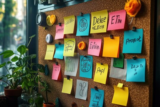 Colorful cork bulletin board covered with handwritten sticky notes, sketches and paper roses beside potted green plants by a sunny window conveying playful creative energy