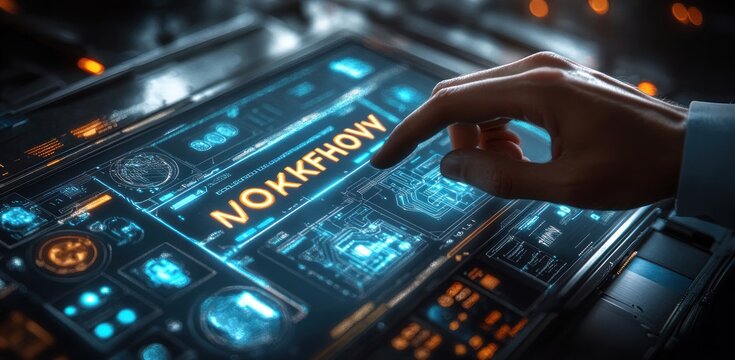 Hand reaching to press glowing futuristic touchscreen control panel with holographic circuitry, blue and orange display lights and alphanumeric highlight, conveying focused precise interaction