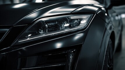 Fototapeta premium Close-up of a sleek black luxury car showcasing modern LED headlights and polished bodywork, symbolizing performance, elegance, and premium automotive design.