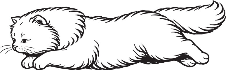 Persian Cat Mid Air Leap Jump Side View Clean Black and White Line Art Pet Behavior Illustration © Luu