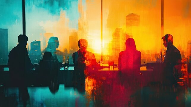 Silhouetted team meeting in a glass boardroom overlooking a city skyline at sunset with vibrant teal and orange light, contemplative and energetic collaborative mood