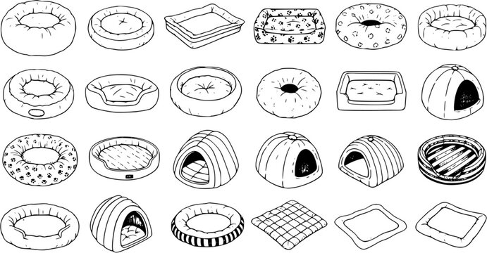 Variety of Pet Beds Line Art Set: Hand-Drawn Dog Beds, Cat Beds, Kennels, and Cushions Vector Sketch Illustration
