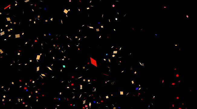 3D confetti explosion animation on background Realistic Multicolored Confetti Falling Loop: 4K Square Paper Rain on Black Background; Festive Overlay for Party, Birthday, Wedding,