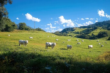 Fototapeta premium white cattle grazing on sunlit green rolling hills under a bright blue sky with scattered clouds, a peaceful pastoral countryside scene
