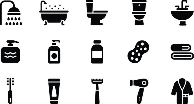 Bathroom icons set, shower, bathtub, toilet, sink, soap dispenser, towels, toothbrush, toothpaste, razor, hairdryer, bathrobe, hygiene essentials