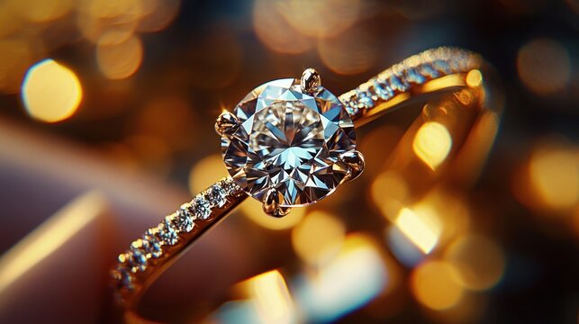 close-up of a sparkling solitaire diamond engagement ring with pav&eacute; diamonds on a gold band, warm bokeh lights creating a romantic luxurious glow