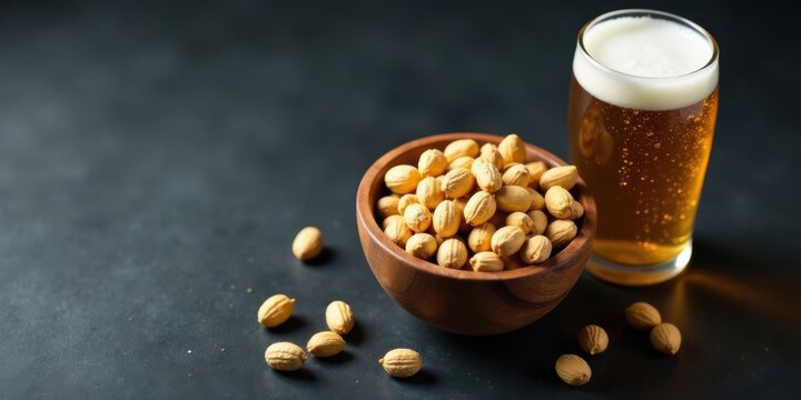 A refreshing pint of golden beer alongside a bowl of roasted nuts, perfect for a casual evening