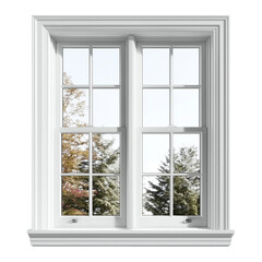Fototapeta premium A traditional white double-hung window showcasing a vibrant outdoor autumn trees landscape. isolated on transparent background