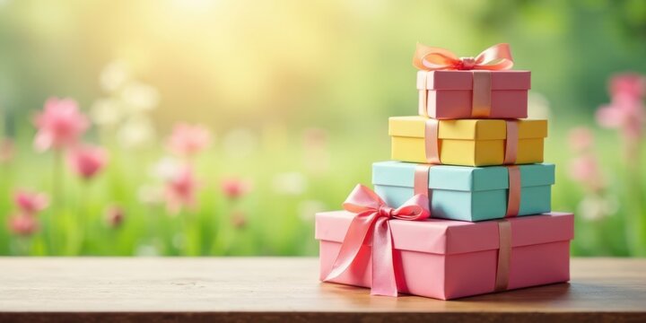 A stack of pastel-colored gift boxes with delicate ribbons, resting on a wooden surface against a blurred background of springtime blossoms.