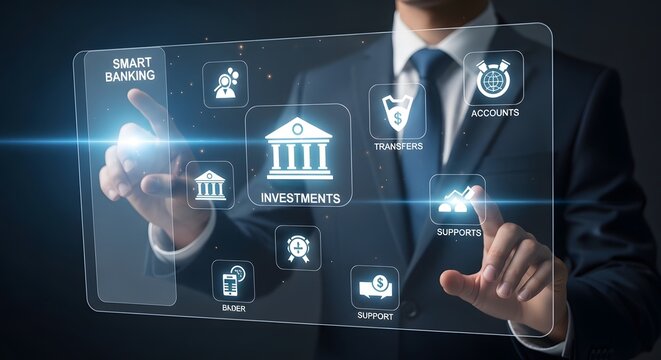 Interface of smart banking with icons for investments, accounts, transfers, and support featuring finance, technology, financial services with