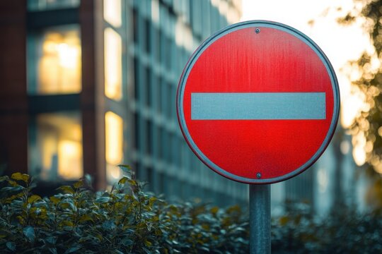 A bold red no-entry sign dominates the foreground as modern glass buildings glow in soft evening light, with calm green shrubs nearby.