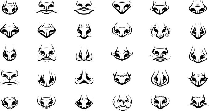 Collection of Various Cartoon Noses and Mouths: Diverse Shapes, Styles, and Expressions in Black and White Line Art Vector Illustration Set