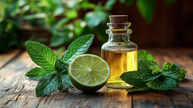 fresh lime half, sprigs of mint and small glass bottle of golden oil on a rustic wooden table evoking refreshing natural aromatic calm