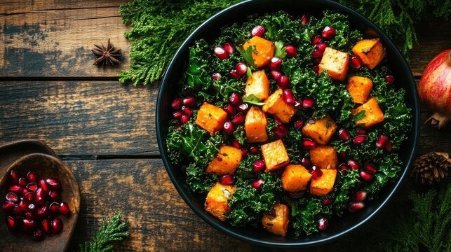 vibrant kale salad with roasted sweet potato cubes and pomegranate arils in a black bowl on a rustic wooden table with wooden spoon pine sprigs star anise and apple conveying fresh festive warmth
