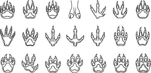 Diverse Animal Paw Prints and Footprints Vector Set. Collection of Wild Mammal, Bird, and Reptile Tracks for Wildlife, Nature, and Outdoor Designs. © victoria