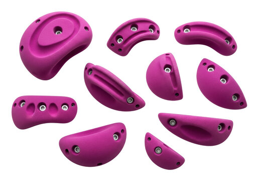 ten vibrant fuchsia magenta resin climbing holds, with textured matte surfaces and silver bolts, isolated on a transparent studio flat lay, professional industrial design concept