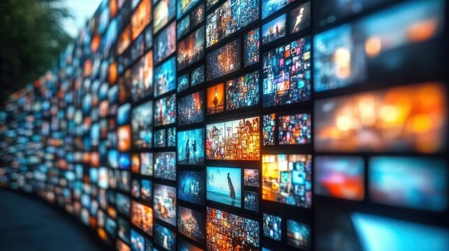 Curved wall of glowing video screens showing thousands of colorful thumbnails in a vibrant digital mosaic, creating an immersive, overwhelming and dynamic visual collage