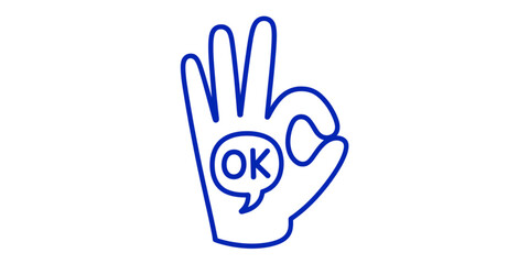 Obraz premium A blue outline illustration of a human hand making the ok gesture with a speech bubble symbol Vector