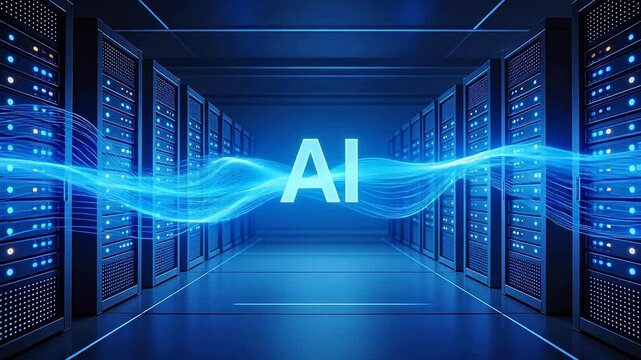 AI server room with glowing data streams