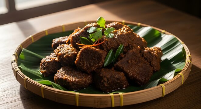 Traditional Indonesian Beef Rendang Served on Banana Leaf and Bamboo Tray