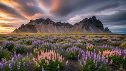 Naklejka premium A serene mountain landscape with vibrant wildflowers at sunset