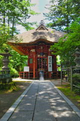 Fototapeta premium 草津温泉：光泉寺 釈迦堂 遅咲き如来（遅咲如来）コピースペースあり（日本群馬県吾妻郡草津町 Kusatsu Onsen: Kosenji Temple, Shakado Hall, Late-Blooming Buddha, copy space available (Kusatsu Town, Agatsuma District, Gunma Prefecture, Japan)