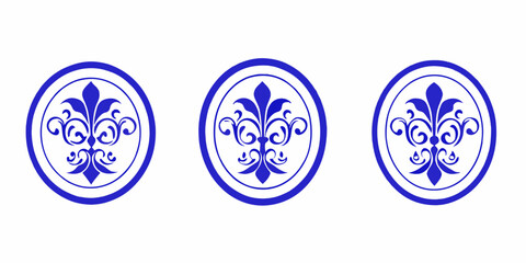 Three blue and white oval designs featuring a floral fleur de lis pattern © Prosanta