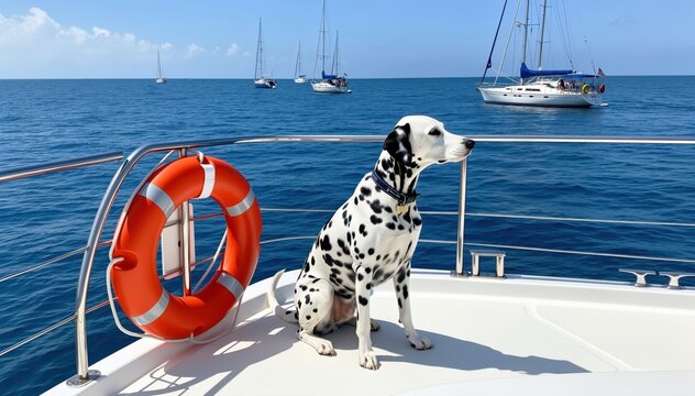 Dalmatian Sailing: A dalmatian sits regally on the deck of a sailboat, its spotted coat contrasting beautifully against the blue ocean backdrop, surrounded by sailing boats.