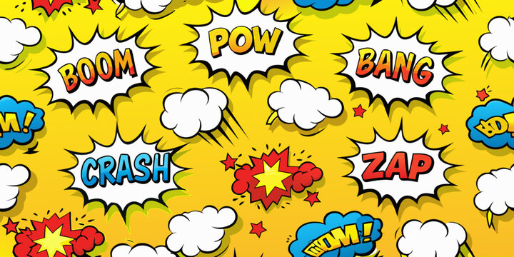 Colorful comic book explosion pattern with onomatopoeic words