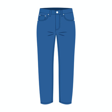 A blue pair of straight-leg denim jeans with a button closure and front pockets