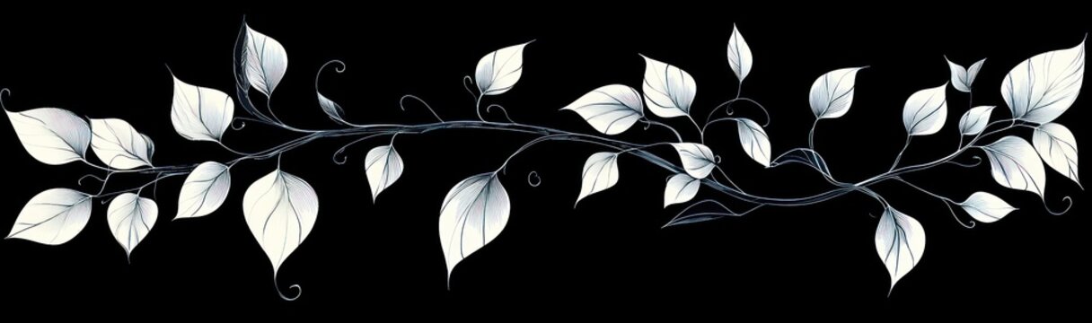 Graceful twining vine with delicate white leaves, thin curving stems and curling tendrils on a black background conveying serene elegance