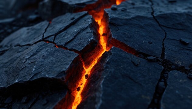 Molten Lava Crack: A captivating close-up reveals fiery molten lava seething within the deep, dark fissure of a rock formation. The intense heat and glow create a dramatic contrast.