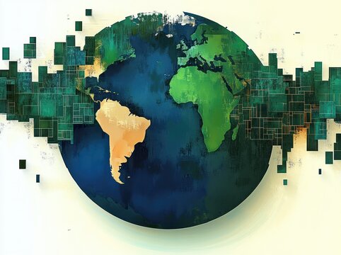 textured stylized earth globe with green continents and deep blue oceans, fragmented digital square mosaic stretching across the equator, evoking connectivity and optimistic futuristic energy
