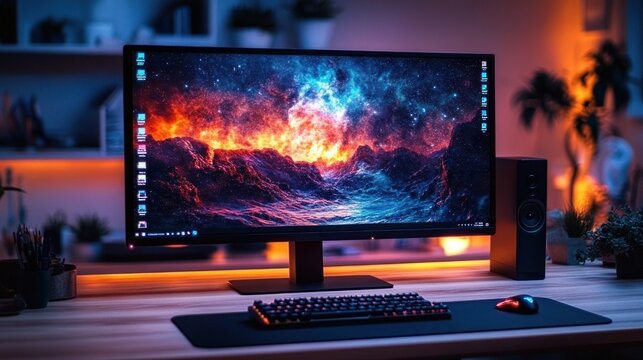 ultrawide monitor showing vibrant cosmic nebula wallpaper on a tidy desk with backlit keyboard, gaming mouse, speaker and potted plants in a warm cozy ambient led workspace