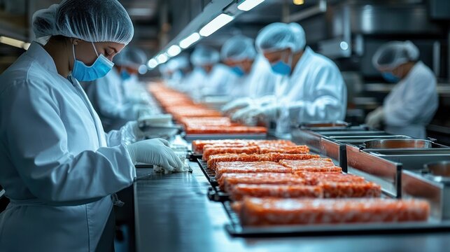 Focused assembly line workers in white coats and hairnets packaging rows of orange fish fillets on a stainless steel conveyor in a bright industrial food processing plant