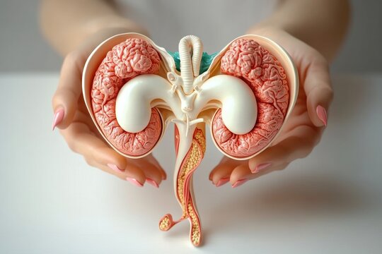 hands gently holding a detailed anatomical cross-section model of human kidneys and urinary tract conveying care and protection
