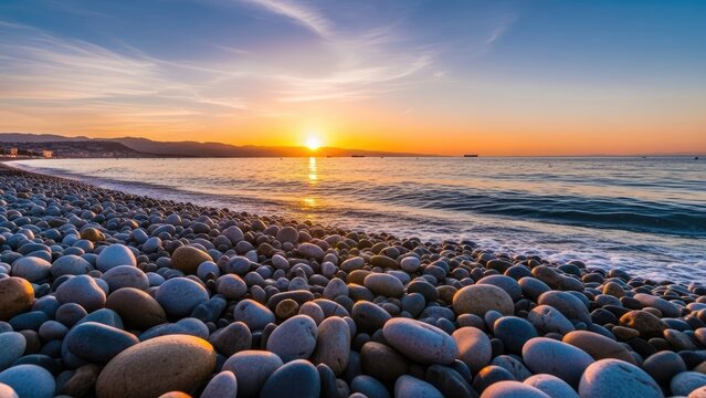 A serene beach at sunset with smooth rocks and calm water
