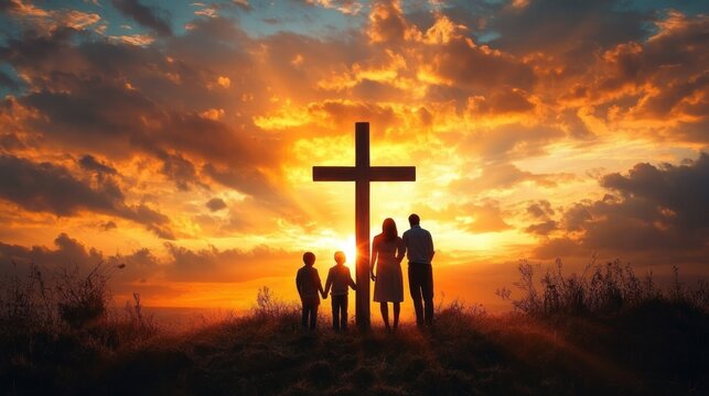 silhouetted family of four holding hands at a large cross on a hill under a dramatic golden sunset, evoking reverence hope and togetherness