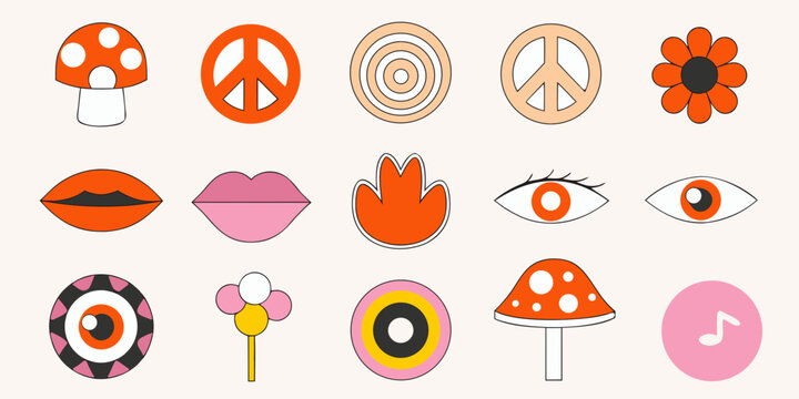 A colorful collection of psychedelic icons and whimsical illustrations